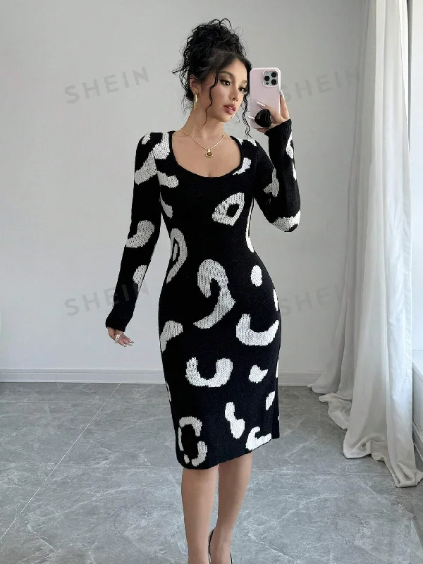 Privé Women's Elegant Leopard Pattern Crew Neck Long Sleeve Fitted Sweater Dress