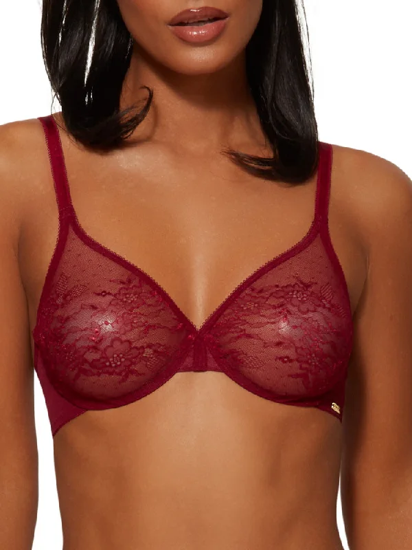 Women's High Waist Lingerie Bodysuits Glossies Lace Sheer Moulded Bra - Bordeaux