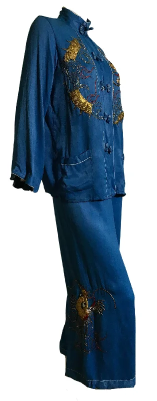 Women's Bridal Lingerie Collection Ocean Blue Silk 2 Pc Pyjama Set Golden Embroidered Dragons circa 1930s Women's Bridal Lingerie Collection Ocean Blue Silk 2 Pc Pyjama Set Golden Embroidered Dragons circa 1930s
