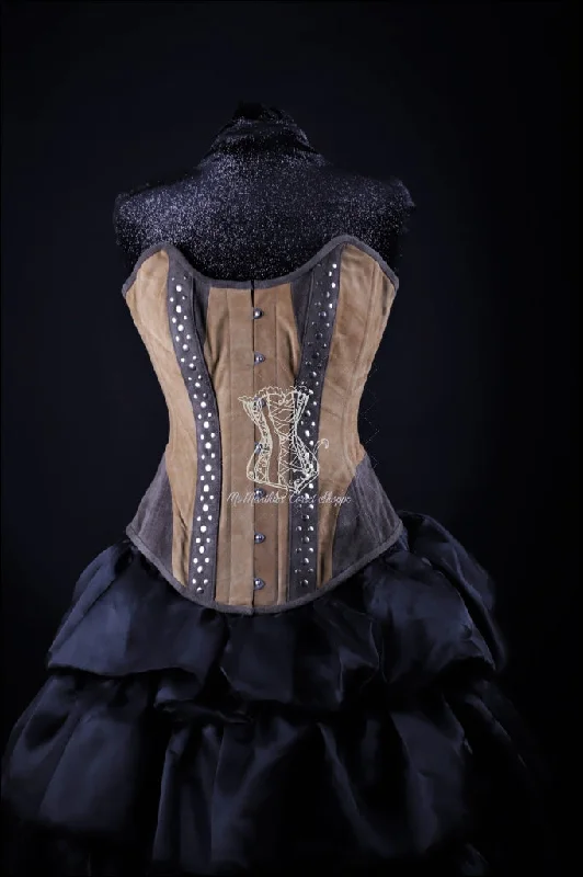 Polka - dot bustiers for a fun and retro appearanceLeather Overbust Corset; Studded Beauty in Brown Suede Polka - dot bustiers for a fun and retro appearanceLeather Overbust Corset; Studded Beauty in Brown Suede