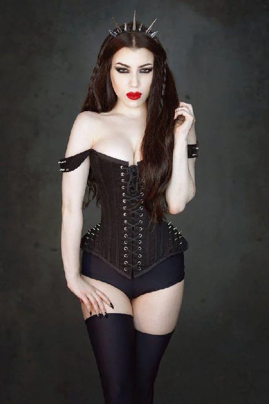 Anti - chafe bustiers for comfortable movementTakara Overbust Corset With Straps In Black Twill And Silver Spikes Anti - chafe bustiers for comfortable movementTakara Overbust Corset With Straps In Black Twill And Silver Spikes