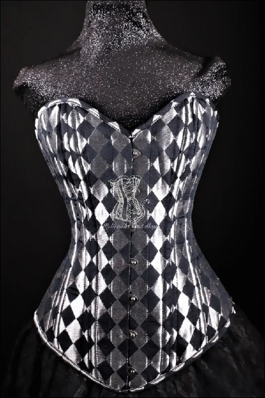 Silk Overbust Corset; Harlequin in Black & Silver