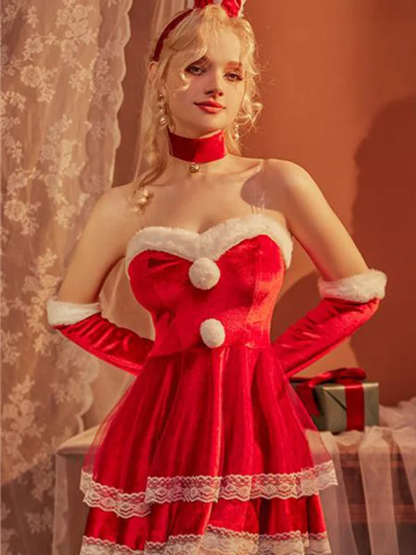 High - necked sexy dresses with a low - back detailWomen's Sexy Santa Velvet and Lace Lingerie Christmas Dress Set