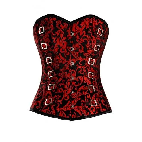 Removable - boning corsets for easy cleaningIrrera Red and Black Brocade Pattern Corset with Silver Buckle Detail