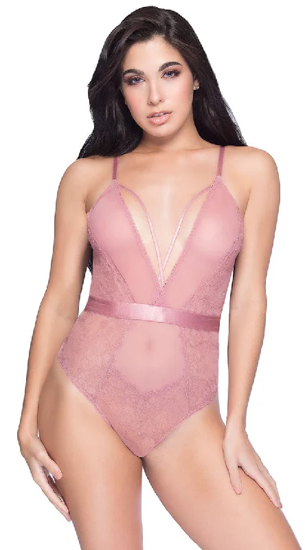 Women's Corset Style Lingerie Viviane Plunging Mesh and Lace Teddy
