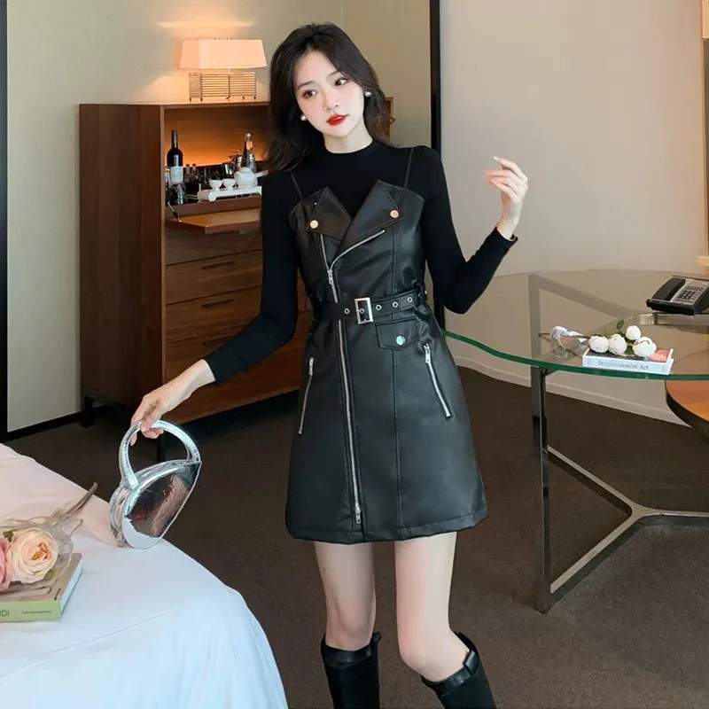 Tie - back sexy dresses for an adjustable fitChampel PU Leather Dress in Black