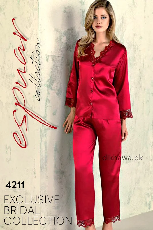 Espuar - Exclusive Bridal Wedding Honeymoon 2Pc Nightdress & Pajama Set Maroon 4211 - Turkish Brand