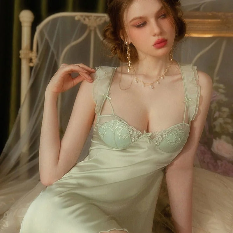 Elegant Green Silky Nightdress with Chestpads