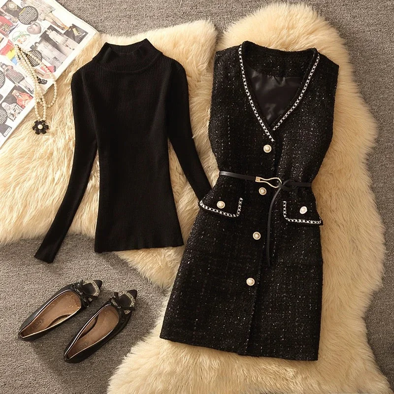 Halter - neck sexy cocktail dresses for a formal eventLola Set of Top and Woolen Tweed Dress