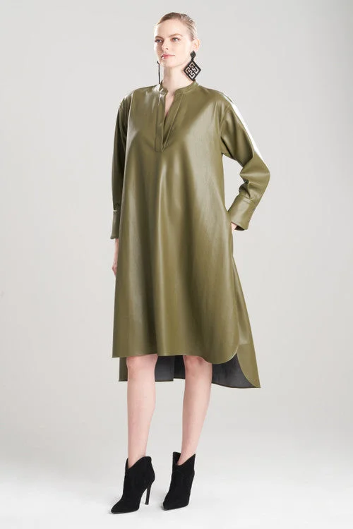 Tie - back sexy dresses for an adjustable fitVegan Luxe Leather Oversized Half Placket Shirtdress Tie - back sexy dresses for an adjustable fitVegan Luxe Leather Oversized Half Placket Shirtdress