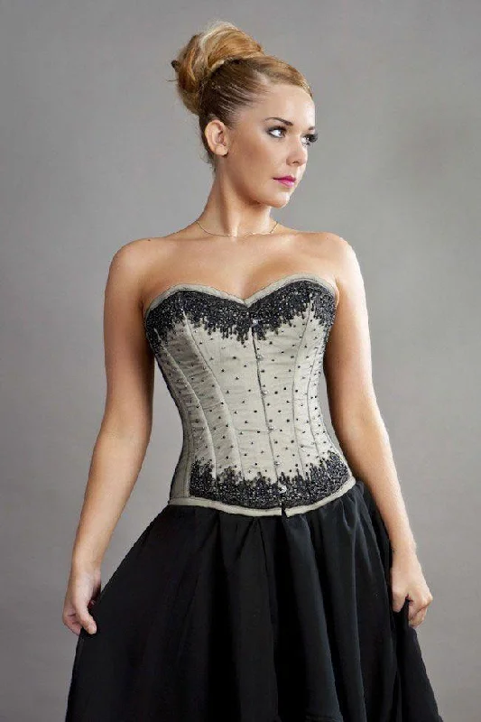 Geometric - printed bustiers for a modern and trendy lookChelsea Overbust Steel Boned Corset In Cream Taffeta & Black Mesh Overlay