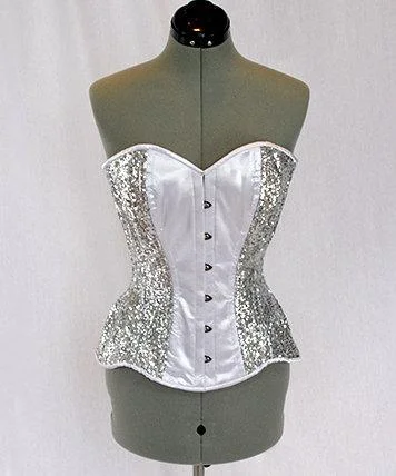 Shiny sequins and satin overbust authentic corset with long hip-line. Steel-boned corset for tight lacing, prom, gothic, wedding, valentine