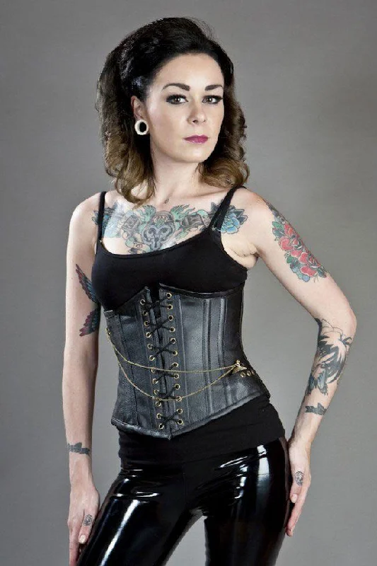 Gothic - inspired bustiers featuring dark colors and studsBlack Steampunk Underbust Corset With Pocket Watch In Matte Vinyl