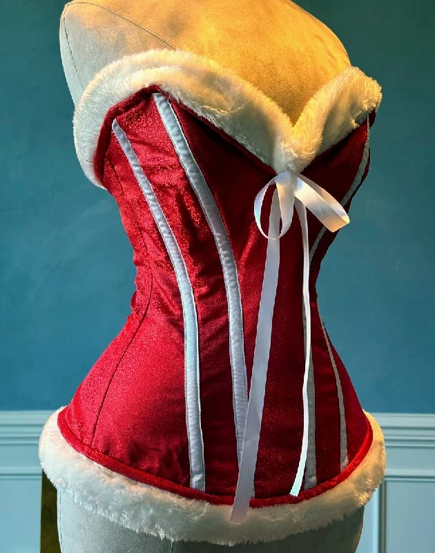 Red satin with white bones and fur affordable Santa Christmas corset. Corset is made personally according to your measurements.