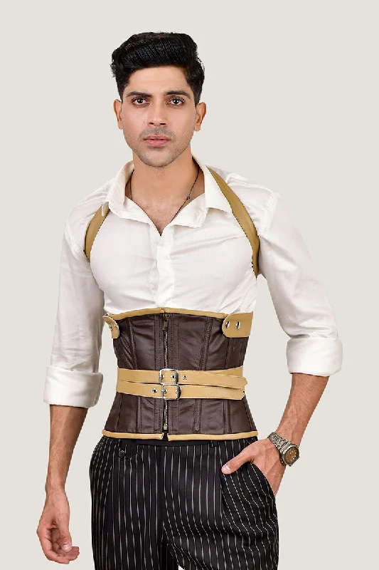 Sports - influenced bustiers with mesh panelsBrown Leather Corset With Shoulder Harness