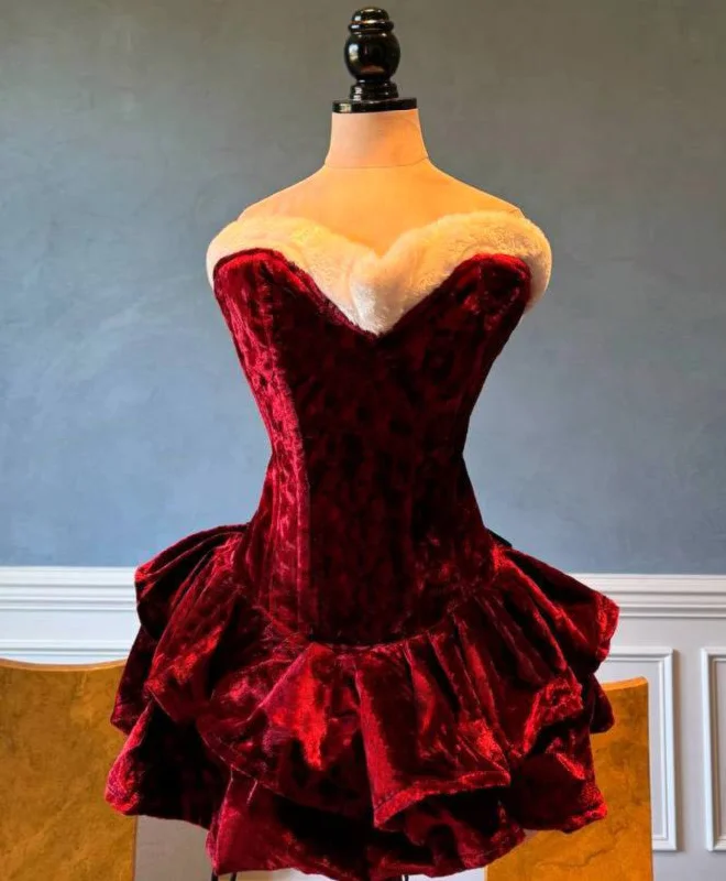 Authentic Santa corset dress with fluffy skirt, red Christmas velvet dress. Prom, Valentine, mini wedding dress