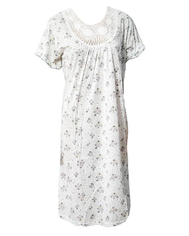 Stylish White Long Nighty With Grey Flower Print 111.9 - Women Nightdress