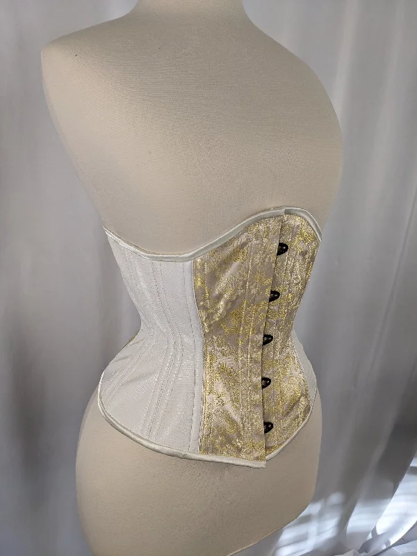 Ivory and Gold Dragon Vinyl and Brocade Steel Boned Mid Hip Underbust Corset