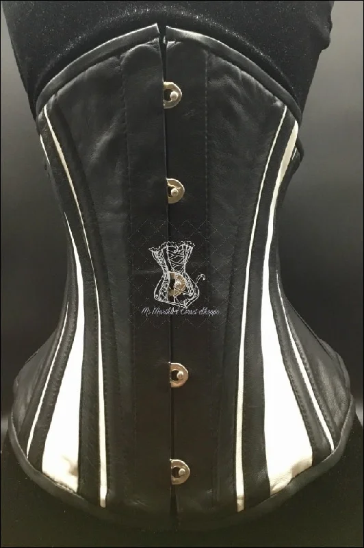 Anti - chafe bustiers for comfortable movementLeather Underbust Cincher; Slim Stripes in Black with White Anti - chafe bustiers for comfortable movementLeather Underbust Cincher; Slim Stripes in Black with White