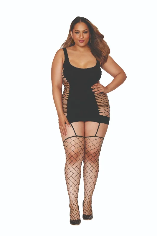 Bold Curves Side Cut-Out Fishnet Garter Bodystocking