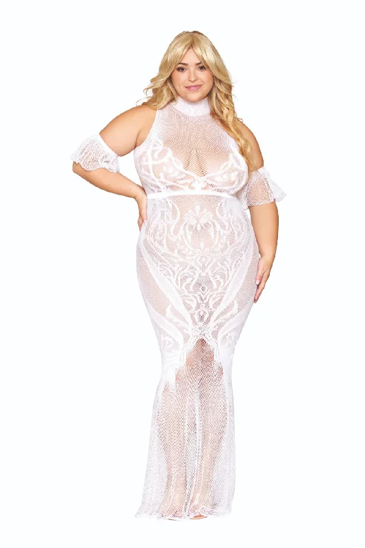 Plus Size Seamless Geometric Fence Net Design Bodystocking Gown