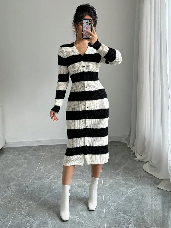 LUNE Women's V-Neck Button Striped Long Sleeve Fitted Charming Sweater Dress