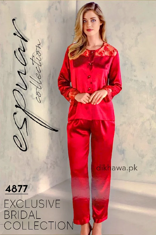 Espuar - Exclusive Bridal Wedding Honeymoon 2Pc Nightdress & Pajama Set Maroon 4877 - Turkish Brand