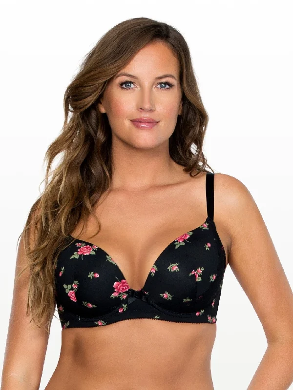 Women's bras with a neoprene componentCasey Plunge Molded Bra - Black w Rose Print - 2801