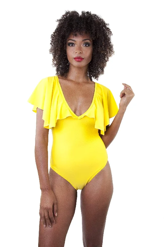 Women's geometric - patterned brasRuffle Neckline Swimsuit Yellow