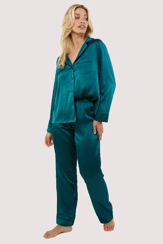 Teal and Black Satin Piping Pyjama Set