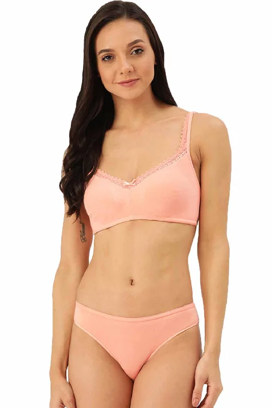 Bra with a plus - size long - line design for a slimming effect Organic Cotton Antimicrobial Soft Laced Bra & Panty Set-ISBP017-Peachy Pink- Bra with a plus - size long - line design for a slimming effect Organic Cotton Antimicrobial Soft Laced Bra & Panty Set-ISBP017-Peachy Pink-