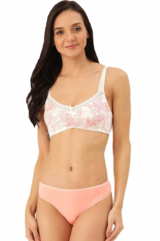 Back - closure bras with traditional hook - and - eye fastenings Organic Cotton Antimicrobial Soft Laced Bra & Panty Set-ISBP017-Carrot print- Back - closure bras with traditional hook - and - eye fastenings Organic Cotton Antimicrobial Soft Laced Bra & Panty Set-ISBP017-Carrot print-
