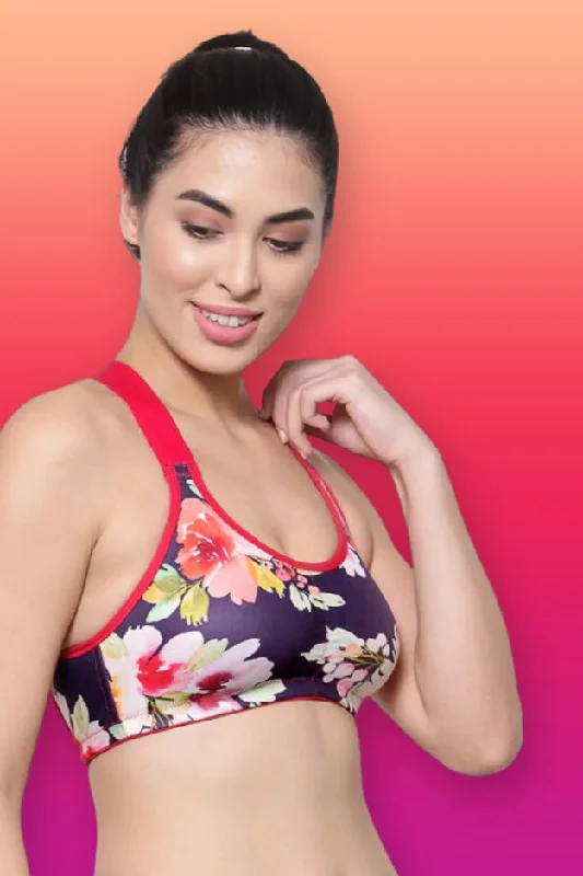 Bra with a plunge neckline for low - cut tops​ Organic Cotton Antimicrobial Medium Impact Sports Bra-ISB071-Purple Floral-