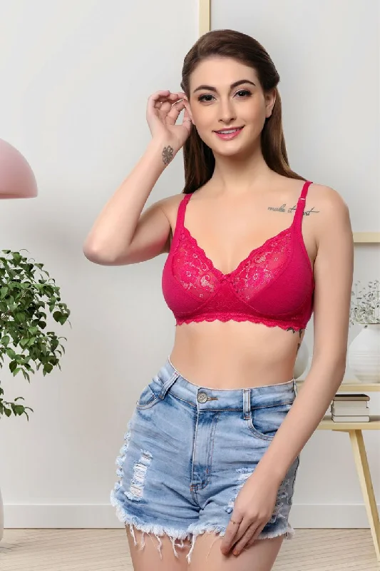 Bra with a plus - size padded strap for reduced shoulder strain Organic Cotton Antimicrobial Laced non-Padded Bra-ISB019-Fuschia- Bra with a plus - size padded strap for reduced shoulder strain Organic Cotton Antimicrobial Laced non-Padded Bra-ISB019-Fuschia-