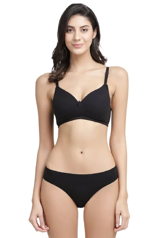Bra with a non - padded cup for a natural feel Organic Cotton Antimicrobial Wire-Free Padded Bra & Panty Set-ISBP068-Black- Bra with a non - padded cup for a natural feel Organic Cotton Antimicrobial Wire-Free Padded Bra & Panty Set-ISBP068-Black-