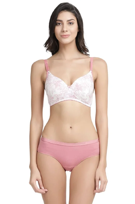 Bra with a single - strap design for a unique and modern style Organic Cotton Antimicrobial Wire-Free Padded Bra & Panty Set-ISBP068-Coral Pink- Bra with a single - strap design for a unique and modern style Organic Cotton Antimicrobial Wire-Free Padded Bra & Panty Set-ISBP068-Coral Pink-