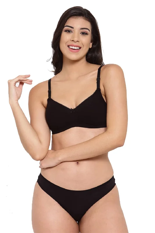 Bra with a plus - size long - line design for a slimming effect Organic Cotton Antimicrobial Padded t-shirt Bra & Panty Set-ISBP104_ISP054-Black- Bra with a plus - size long - line design for a slimming effect Organic Cotton Antimicrobial Padded t-shirt Bra & Panty Set-ISBP104_ISP054-Black-