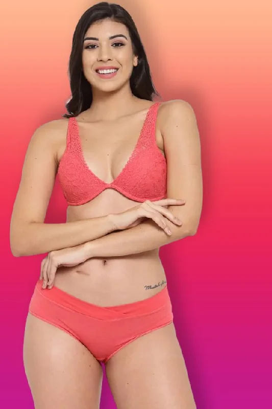 Bra with a quick - drying lining for convenience​ Organic Cotton Antimicrobial Underwired Plunge Bra & Panty-ISBP107_IMP102-Bright Pink-