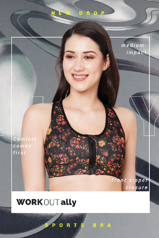 Bra with a plus - size convertible strap for versatility​ Organic Cotton Antimicrobial Medium Impact Printed Sports Bra_ISB116-Black-