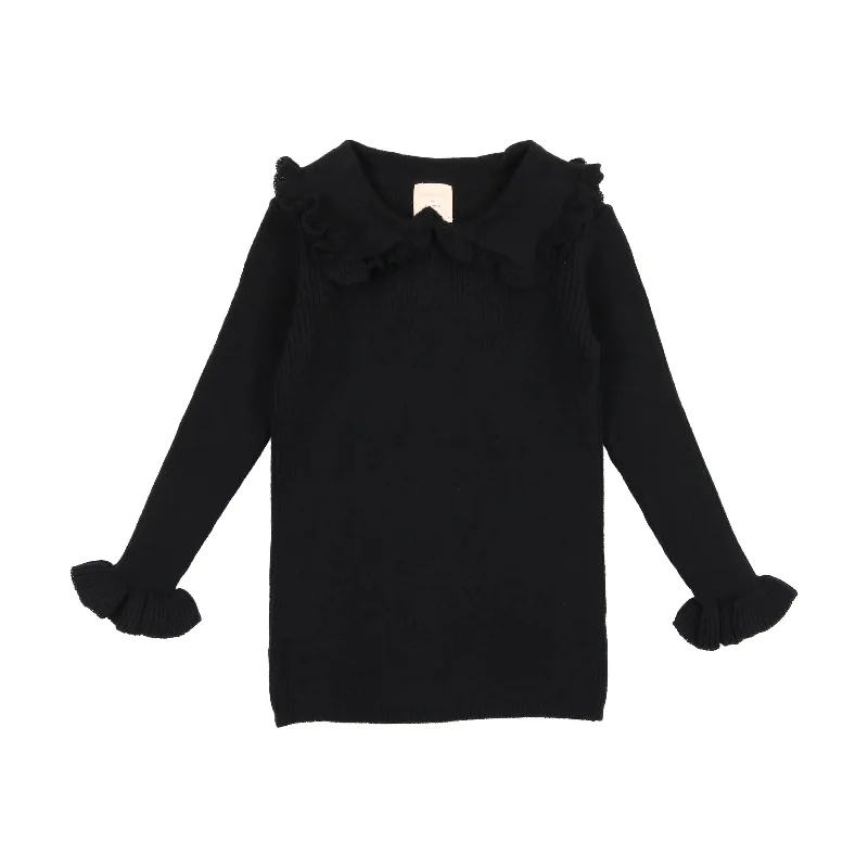 Analogie Ruffle Collar Knit Sweater - Black