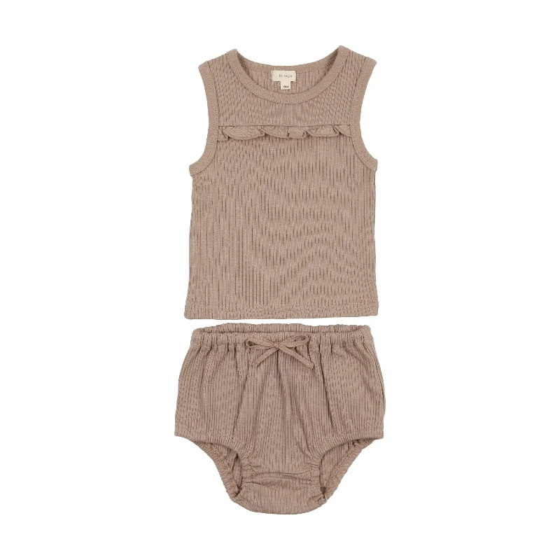 Lil Legs Ribbed Girls Tank Set - Tan Ruffle