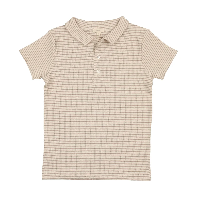 Lil Legs Ribbed Polo Short Sleeve - Tan Stripe