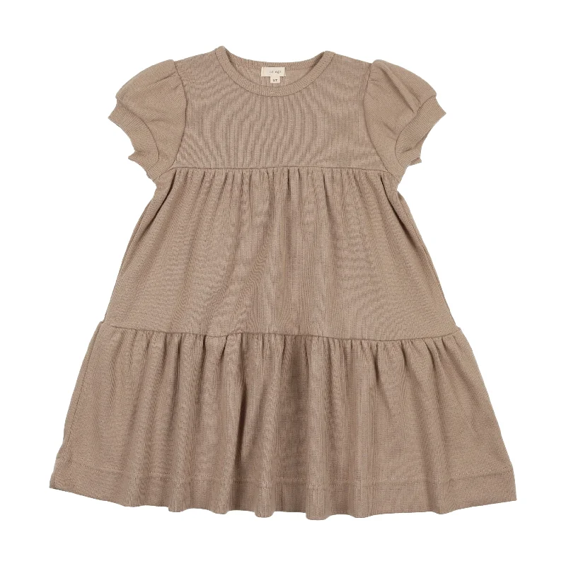 Lil Legs Ribbed Puff Sleeve Dress Short Sleeve - Tan