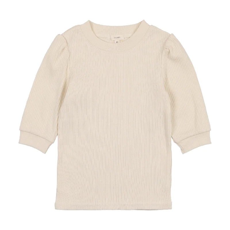 Lil Legs Ribbed Puff Sleeve T-Shirt Three Quarter Sleeve - Cream