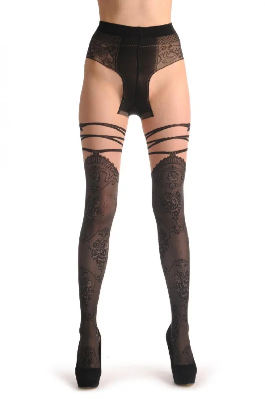 Vintage Lace Faux Stockings With Ribbon & Bow